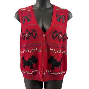 Vintage Alfred Dunner Women's Red Christmas Scottie Dog Sweater Vest Size Large